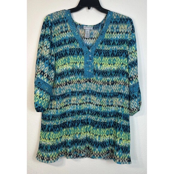 Catherines Abstract Print Lightweight Pullover Blouse Teal Plus Size 3X (26/28) - Picture 1 of 11
